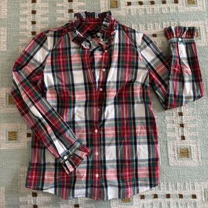 J. Crew Red, White & Navy Plaid Ruffle-Neck Button-Up Blouse